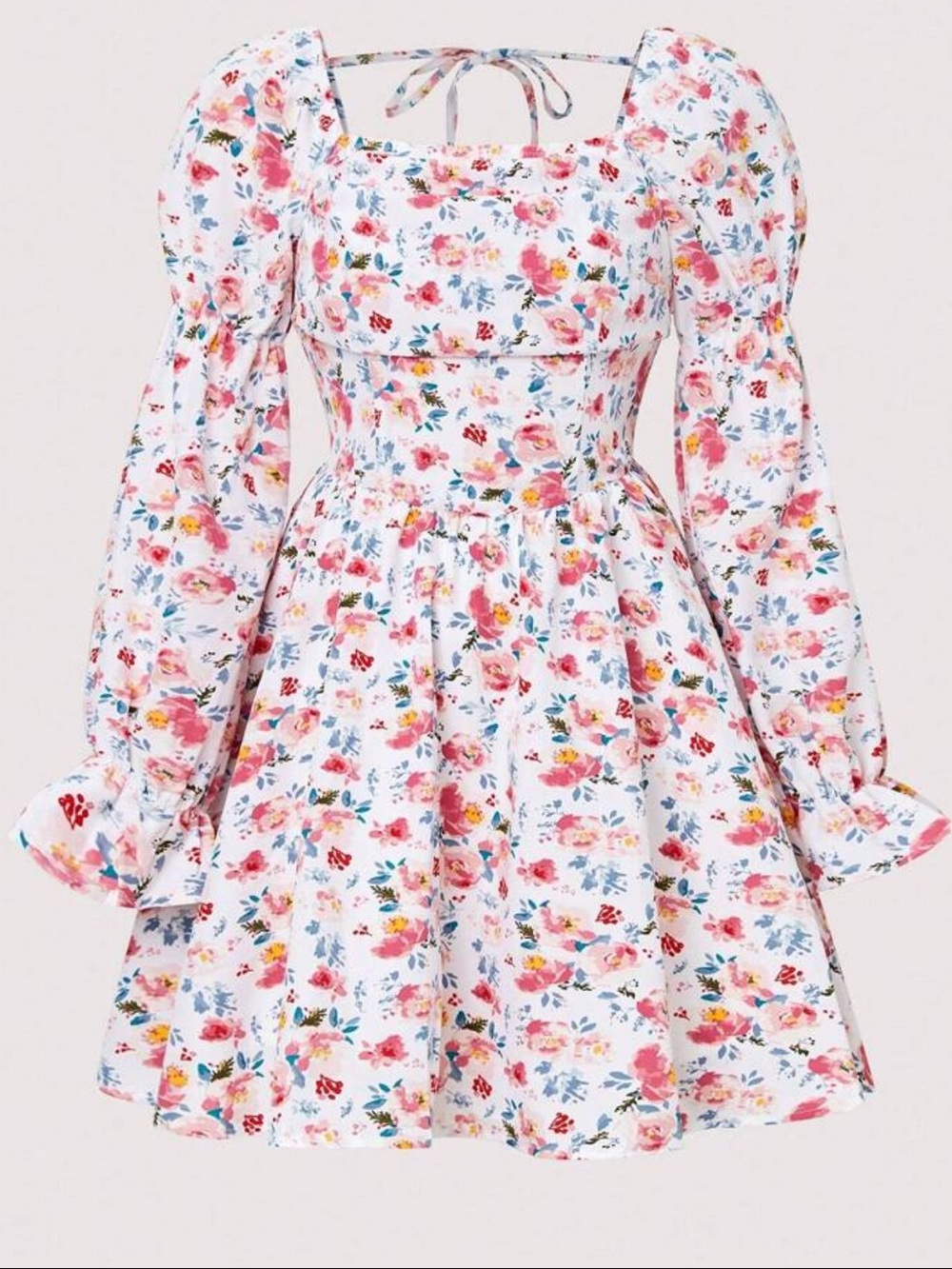 Floral Puff-Sleeve Mini Dress in White and Pink